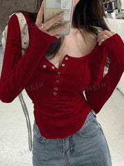 Solid Button Front Curved Hem Tee
