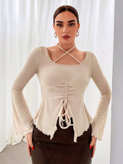 CRISSCROSS DRAWSTRING HALTER NECK TIE TOP