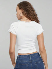 BOW FRONT & LACE TRIM SCOOP NECK TEE