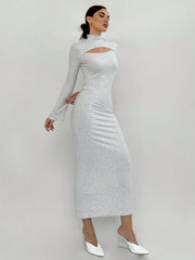 WOMEN'S HOLLOW-OUT FITTED RIB-KNIT LONG SLEEVE DRESS