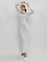 WOMEN'S HOLLOW-OUT FITTED RIB-KNIT LONG SLEEVE DRESS
