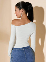 ASYMMETRICAL NECK LONG SLEEVE SLIM FIT CASUAL TOP