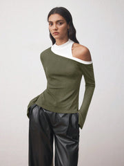 ASYMMETRIC CUT-OUT SHOULDER FITTED KNIT TOP OFF THE SHOULDER SHIRT