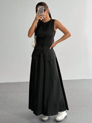 CASUAL FRONT BUTTON TANK TOP AND SOLID COLOR A-LINE SKIRT