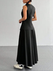 CASUAL FRONT BUTTON TANK TOP AND SOLID COLOR A-LINE SKIRT