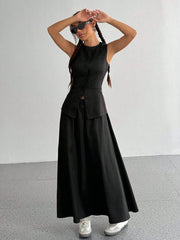 CASUAL FRONT BUTTON TANK TOP AND SOLID COLOR A-LINE SKIRT