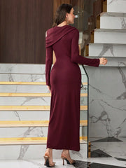 ASYMMETRICAL ONE SHOULDER RUCHED WAIST LONG SLEEVE DRESS