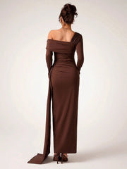 ASYMMETRIC NECK STRETCH PLEATED WAIST RIBBON DRESS WITH SLIT HEM