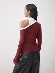 ASYMMETRIC CUT-OUT SHOULDER FITTED KNIT TOP OFF THE SHOULDER SHIRT