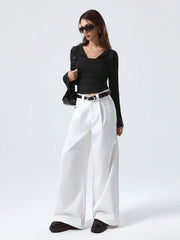 DRAPED NECK SOLID COLOR LONG SLEEVE TOP