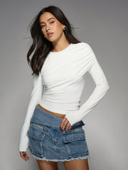 ASYMMETRIC DRAPED LONG SLEEVE CROP TOP