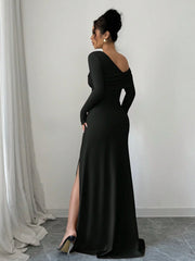 WOMEN'S RUFFLE WAIST ONE-SHOULDER LONG SLEEVE SLIT BODYCON