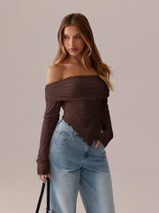 ASYMMETRICAL PLEATED LONG-SLEEVED TOP