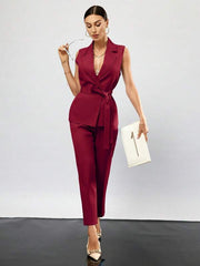 Womens Solid Color Sleeveless Vest And Suit Set