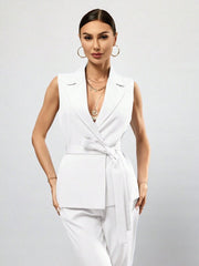 Womens Solid Color Sleeveless Vest And Suit Set