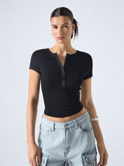 BUTTON HALF-PLACKET SHORT-SLEEVED SLIM-FIT CROP TOP