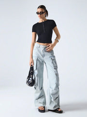 BUTTON HALF-PLACKET SHORT-SLEEVED SLIM-FIT CROP TOP