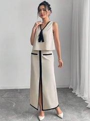 Women Elegant Commuter Color-Block Trim Tank Top And Skirt Set