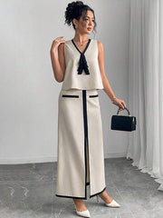 Women Elegant Commuter Color-Block Trim Tank Top And Skirt Set
