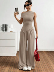 ASYMMETRIC HEM SOLID COLOR TANK TOP AND PANTS