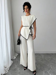 Women 2Pcs Set: Asymmetric Hem Top And Loose Wide Leg Pants