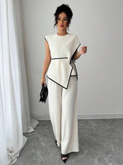 Women 2Pcs Set: Asymmetric Hem Top And Loose Wide Leg Pants