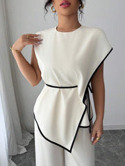 Women 2Pcs Set: Asymmetric Hem Top And Loose Wide Leg Pants