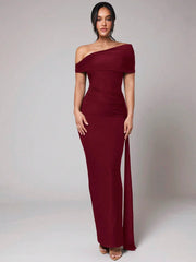 WOMEN'S PLEATED ASYMMETRIC DRAPED LONG DRESS