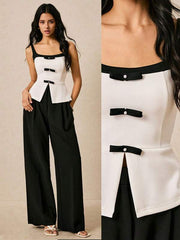 Women's Vest Bow Decoration Top Wiith wide leg pants