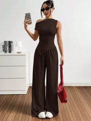 ASYMMETRIC HEM SOLID COLOR TANK TOP AND PANTS