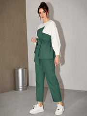 Women's  Two Tone Belted Top & Pants 2 Piece Set