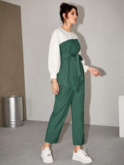 Women's  Two Tone Belted Top & Pants 2 Piece Set