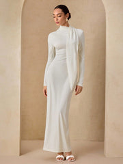 WOMEN'S DRESS WITH SCARF COLLAR, LONG RIBBON TIE WAIST DESIGN