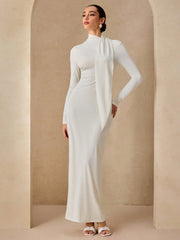 WOMEN'S DRESS WITH SCARF COLLAR, LONG RIBBON TIE WAIST DESIGN