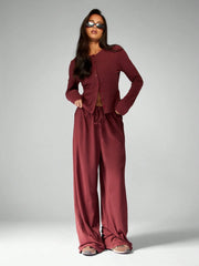 LONG SLEEVE BUTTON-UP TOP WIDE-LEG PANTS LOUNGE OUTFIT