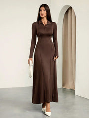 SOLID COLOR HALF-BUTTON FRONT KNIT DRESS