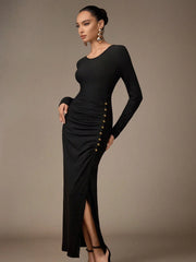 BUTTON DESIGN PLEATED SIDE SLIT HEM FITTED MID-LENGTH DRESS