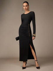 BUTTON DESIGN PLEATED SIDE SLIT HEM FITTED MID-LENGTH DRESS