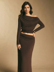 ASYMMETRIC-SHOULDER TOP AND SKIRT 2-PIECE SET