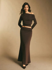 ASYMMETRIC-SHOULDER TOP AND SKIRT 2-PIECE SET