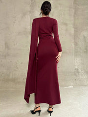 LONG SLEEVE RUFFLE TRIM ROUND NECK WAIST PLEATED BODYCON