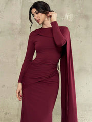 LONG SLEEVE RUFFLE TRIM ROUND NECK WAIST PLEATED BODYCON