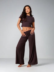 BUTTON FRONT CROP TOP AND WIDE LEG PALAZZO PANTS PAJAMA SET