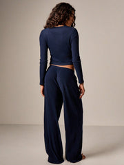 LOUNGEWEAR SET LONG SLEEVE HENLEY TOP WIDE LEG PANTS