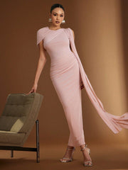 PLEATED RUFFLE DECOR WAIST CINCHED LONG DRESS