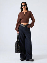 ROUND NECK DROP SHOULDER LONG SLEEVE FITTED CROPPED TOP