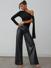 ASYMMETRIC SHOULDER RUCHED FITTED TOP