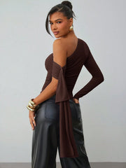 ASYMMETRIC SHOULDER RUCHED FITTED TOP