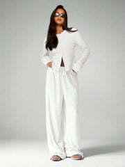LONG SLEEVE BUTTON-UP TOP WIDE-LEG PANTS LOUNGE OUTFIT