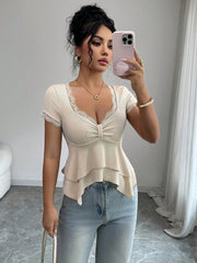 SQUARE NECK CONTRAST LACE SHORT SLEEVE TOP
